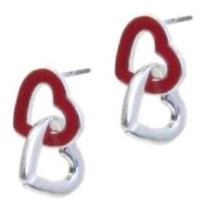 Womens Surgical Stainless Steel Red Silver Double Heart Stud Drop‎ Earrings